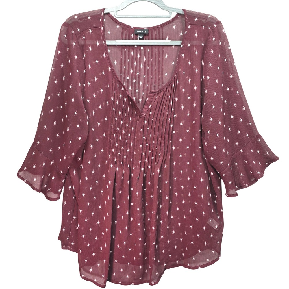 Torrid Burgundy‎ Starburst Pintuck Chiffon Blouse Womens 2X Ruffle Sleeve Stars